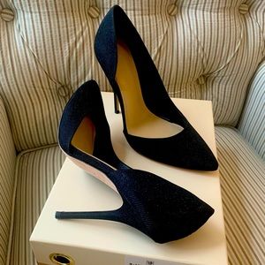 Vince Camuto d’Orsay heels, black metallic fabric